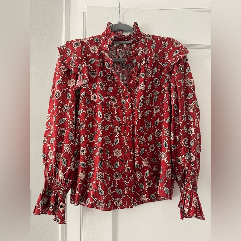 Isabel Marant Red Floral Ruffled Blouse